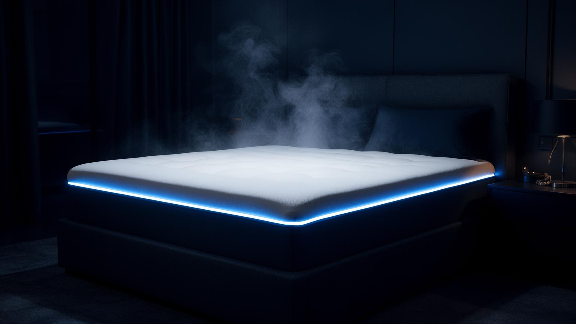 Btrrsleep cooling mattress topper glowing on a luxurious bed in a dark moody bedroom